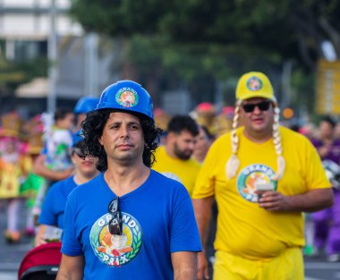 Santa CRUZ DE TENERIFE, İspanya - 13 Şubat 2024: The Coso geçidi, Cavalcada - Avenida de Anaga boyunca, Karnaval 'ın resmi sonu. İnanılmaz sıcak bir akşam, karnaval kostümlü neşeli insanlar eğleniyor..