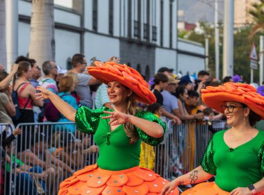 Santa CRUZ DE TENERIFE, İspanya - 13 Şubat 2024: The Coso geçidi, Cavalcada - Avenida de Anaga boyunca, Karnaval 'ın resmi sonu. İnanılmaz sıcak bir akşam, karnaval kostümlü neşeli insanlar eğleniyor..