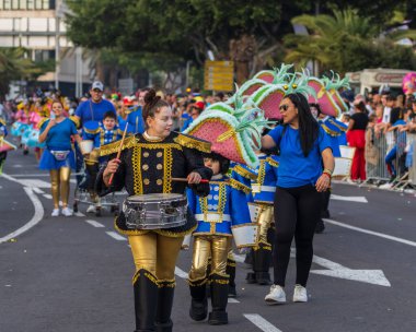 Santa CRUZ DE TENERIFE, İspanya - 13 Şubat 2024: The Coso geçidi, Cavalcada - Avenida de Anaga boyunca, Karnaval 'ın resmi sonu. İnanılmaz sıcak bir akşam, karnaval kostümlü neşeli insanlar eğleniyor..