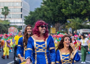 Santa CRUZ DE TENERIFE, İspanya - 13 Şubat 2024: The Coso geçidi, Cavalcada - Avenida de Anaga boyunca, Karnaval 'ın resmi sonu. İnanılmaz sıcak bir akşam, karnaval kostümlü neşeli insanlar eğleniyor..