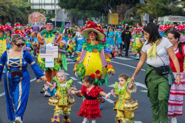 Santa CRUZ DE TENERIFE, İspanya - 13 Şubat 2024: The Coso geçidi, Cavalcada - Avenida de Anaga boyunca, Karnaval 'ın resmi sonu. İnanılmaz sıcak bir akşam, karnaval kostümlü neşeli insanlar eğleniyor..