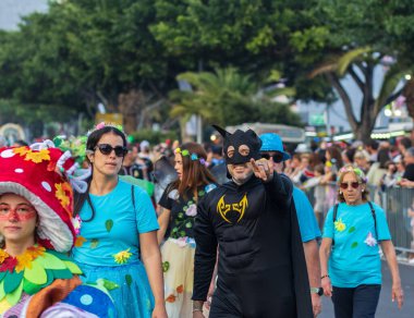 Santa CRUZ DE TENERIFE, İspanya - 13 Şubat 2024: The Coso geçidi, Cavalcada - Avenida de Anaga boyunca, Karnaval 'ın resmi sonu. İnanılmaz sıcak bir akşam, karnaval kostümlü neşeli insanlar eğleniyor..