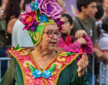 Santa CRUZ DE TENERIFE, İspanya - 13 Şubat 2024: The Coso geçidi, Cavalcada - Avenida de Anaga boyunca, Karnaval 'ın resmi sonu. İnanılmaz sıcak bir akşam, karnaval kostümlü neşeli insanlar eğleniyor..