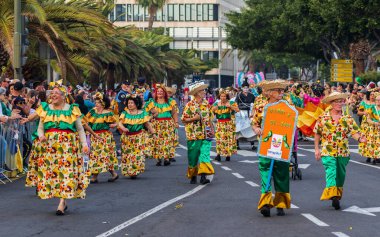Santa CRUZ DE TENERIFE, İspanya - 13 Şubat 2024: The Coso geçidi, Cavalcada - Avenida de Anaga boyunca, Karnaval 'ın resmi sonu. İnanılmaz sıcak bir akşam, karnaval kostümlü neşeli insanlar eğleniyor..