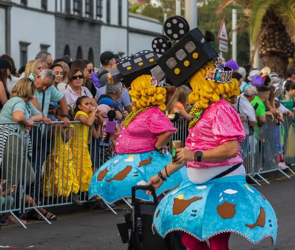 Santa CRUZ DE TENERIFE, İspanya - 13 Şubat 2024: The Coso geçidi, Cavalcada - Avenida de Anaga boyunca, Karnaval 'ın resmi sonu. İnanılmaz sıcak bir akşam, karnaval kostümlü neşeli insanlar eğleniyor..