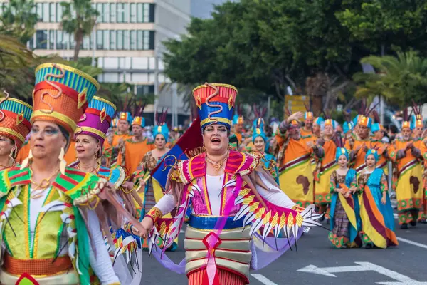 Santa CRUZ DE TENERIFE, İspanya - 13 Şubat 2024: The Coso geçidi, Cavalcada - Avenida de Anaga boyunca, Karnaval 'ın resmi sonu. İnanılmaz sıcak bir akşam, karnaval kostümlü neşeli insanlar eğleniyor..