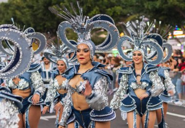 Santa CRUZ DE TENERIFE, İspanya - 13 Şubat 2024: The Coso geçidi, Cavalcada - Avenida de Anaga boyunca, Karnaval 'ın resmi sonu. İnanılmaz sıcak bir akşam, karnaval kostümlü neşeli insanlar eğleniyor..