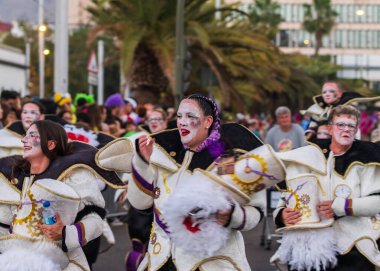 Santa CRUZ DE TENERIFE, İspanya - 13 Şubat 2024: The Coso geçidi, Cavalcada - Avenida de Anaga boyunca, Karnaval 'ın resmi sonu. İnanılmaz sıcak bir akşam, karnaval kostümlü neşeli insanlar eğleniyor..