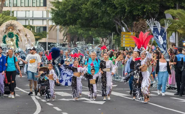 Santa CRUZ DE TENERIFE, İspanya - 13 Şubat 2024: The Coso geçidi, Cavalcada - Avenida de Anaga boyunca, Karnaval 'ın resmi sonu. İnanılmaz sıcak bir akşam, karnaval kostümlü neşeli insanlar eğleniyor..