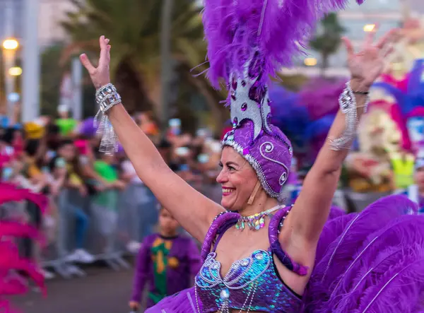 Santa CRUZ DE TENERIFE, İspanya - 13 Şubat 2024: The Coso geçidi, Cavalcada - Avenida de Anaga boyunca, Karnaval 'ın resmi sonu. İnanılmaz sıcak bir akşam, karnaval kostümlü neşeli insanlar eğleniyor..