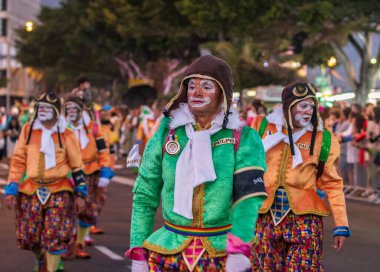 Santa CRUZ DE TENERIFE, İspanya - 13 Şubat 2024: The Coso geçidi, Cavalcada - Avenida de Anaga boyunca, Karnaval 'ın resmi sonu. İnanılmaz sıcak bir akşam, karnaval kostümlü neşeli insanlar eğleniyor..