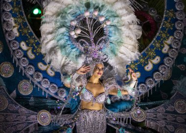 Santa CRUZ DE TENERIFE, İspanya - 13 Şubat 2024: The Coso geçidi, Cavalcada - Avenida de Anaga boyunca, Karnaval 'ın resmi sonu. İnanılmaz sıcak bir akşam, karnaval kostümlü neşeli insanlar eğleniyor..