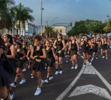 Santa CRUZ DE TENERIFE, İspanya - 13 Şubat 2024: The Coso geçidi, Cavalcada - Avenida de Anaga boyunca, Karnaval 'ın resmi sonu. İnanılmaz sıcak bir akşam, karnaval kostümlü neşeli insanlar eğleniyor..