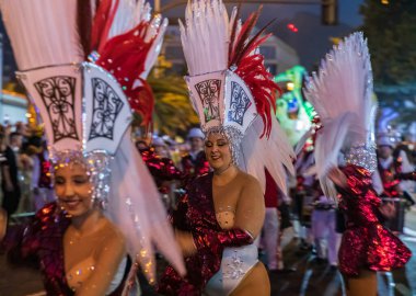 Santa CRUZ DE TENERIFE, İspanya - 13 Şubat 2024: The Coso geçidi, Cavalcada - Avenida de Anaga boyunca, Karnaval 'ın resmi sonu. İnanılmaz sıcak bir akşam, karnaval kostümlü neşeli insanlar eğleniyor..