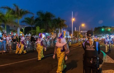 Santa CRUZ DE TENERIFE, İspanya - 13 Şubat 2024: The Coso geçidi, Cavalcada - Avenida de Anaga boyunca, Karnaval 'ın resmi sonu. İnanılmaz sıcak bir akşam, karnaval kostümlü neşeli insanlar eğleniyor..