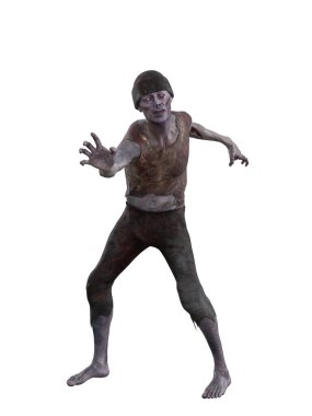 Kan lekeli zombi adam birini yakalamaya çalışıyor. İzole edilmiş üç boyutlu illüstrasyon.