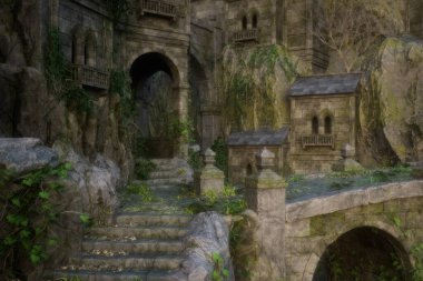 Beautiful mystical medieval fantasy castle in a mountain gorge with stone steps and bridge. Photo realistic 3D illustration. clipart