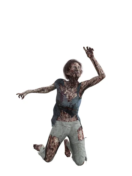 Zombie Woman Knees Reaching Grab Victim Isolated Rendering — Stock Photo, Image
