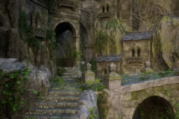 Piękny Mistyczny Średniowieczny Zamek Fantazji Wąwozie Górskim Kamiennymi Schodami Mostem — Zdjęcie stockowe