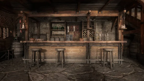 石の床の上に木製のスツールと中世の居酒屋バー 日光に照らされ ろうそくをぶら下げ 3Dイラスト — ストック写真