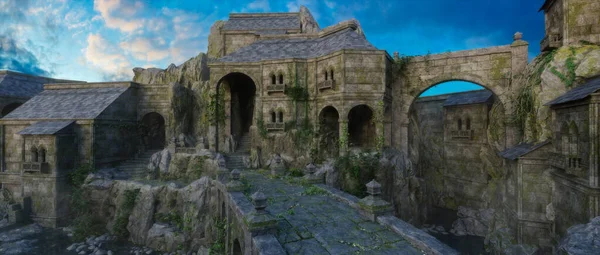 Cinematic view of a medieval fantasy castle in the mountains with stone bridge over a river gorge. 3D illustration.