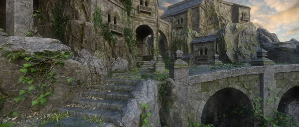 stock image Wide panoramic view of a beautiful fantasy medieval castle with steps leading to a stone bridge. 3D rendering.