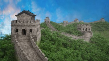 Çin Seddi boyunca manzara, uzak doğuda popüler bir turizm merkezi. Fotoğraf gerçekçi 3D illüstrasyon.