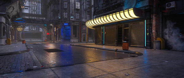 Wide cinematic view of a dark downtown street in a dystopian future cyberpunk city on a wet night. 3D rendering.