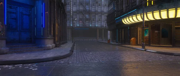 Wide Cinematic View Empty Street Dystopian Futuristic Cyberpunk City Night — Stock Photo, Image