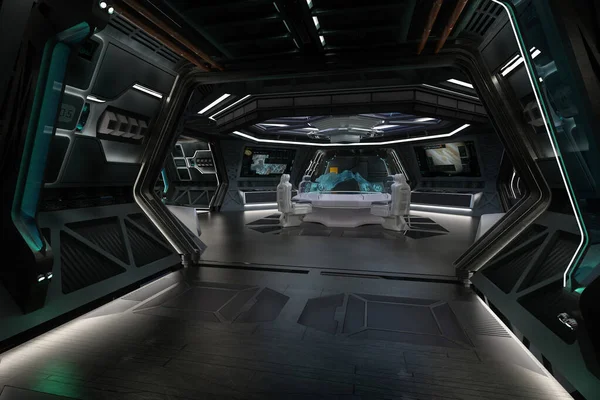 科幻幻想走廊和进入空间站或星舰控制室的入口 3D插图 — 图库照片