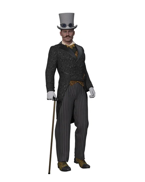 Hombre Steampunk Traje Estilo Victoriano Con Sombrero Copa Bastón Ilustración —  Fotos de Stock
