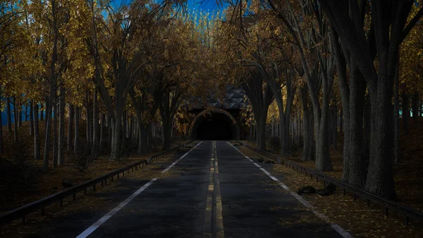 Largo Camino Recto Vacío Través Bosque Que Conduce Túnel Ilustración — Foto de Stock