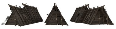 Ortaçağ Viking ahşap evleri. Farklı açılardan görülen izole 3D illüstrasyon.