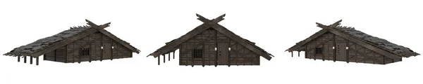 中世纪木头建筑的维京人 独立3D渲染 有3个房屋视图 — 图库照片