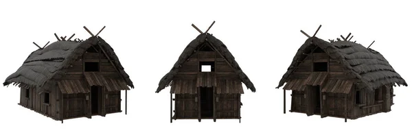 一组三幅维京中世纪木制建筑的景观 孤立的3D渲染 — 图库照片