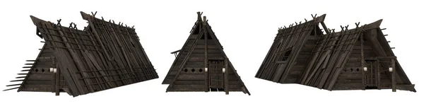 Středověké Viking Dřevěné Domy Izolovaná Ilustrace Různých Úhlů Pohledu — Stock fotografie