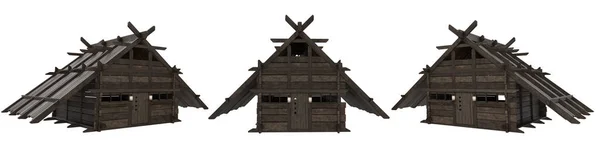 古代维京中世纪的房子 从不同的角度来看有3套 孤立的3D插图 — 图库照片