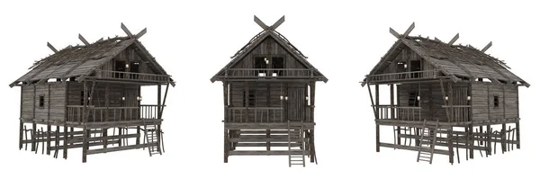 Zestaw Drewnianych Średniowiecznych Budynków Odizolowanych Pod Trzema Różnymi Kątami Renderowanie — Zdjęcie stockowe