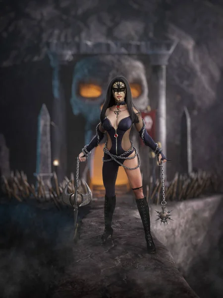 Beautiful fantasy warrior woman standing on a stone bridge holding deadly weapons with a skull carved from rock at a cave entrance behind her.  3D rendering.