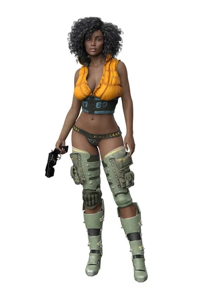 一个漂亮的未来派幻想女战士拿着手枪的全长肖像 孤立的3D渲染 — 图库照片