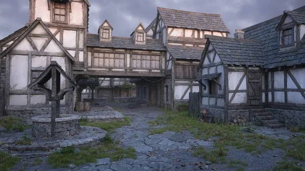 木造家屋や井戸で古い中世の村や町の石畳の通り 3Dレンダリング — ストック写真