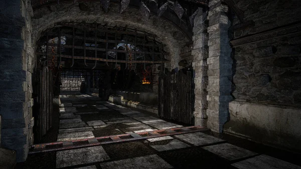 Σκούρο Κακόκεφο Μεσαιωνικό Κάστρο Διάδρομο Μαύρη Σιδερένια Πύλη Απόδοση — Φωτογραφία Αρχείου
