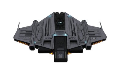 Gelecekçi fantezi uzay gemisi uçuyor ve önünde sarı ışıklar var. 3B resimleme izole edildi.