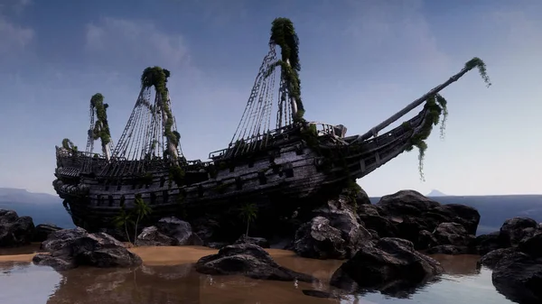 Antiguo Barco Pirata Madera Descomposición Naufragó Varado Las Rocas Junto — Foto de Stock