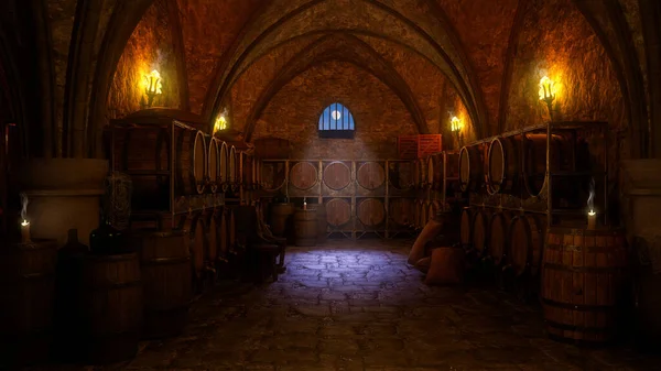 Karanlık Huysuz Ortaçağ Otel Mahzeni Şarap Fıçıları Mumlarla Aydınlatılmış Bira — Stok fotoğraf