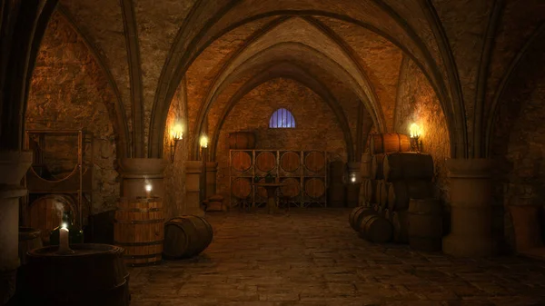 Κελάρι Κρασιού Μιας Παλιάς Μεσαιωνικής Ταβέρνας Φωτισμένη Από Πυρσούς Και — Φωτογραφία Αρχείου