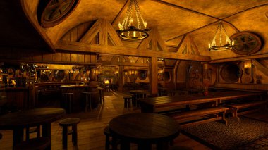 Medieval tavern bar interior with cosy atmospheric candlelight and open fire. 3D illustration. clipart