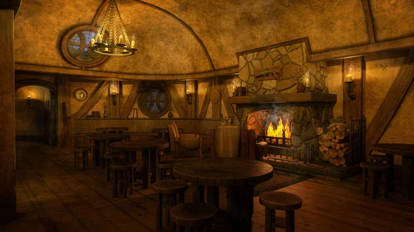 Medieval tavern inn bar with open fire burning in the evening with candlelight. 3D illustration.