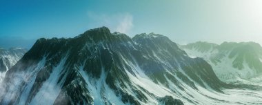 Yüksek tepelerin panoramik manzarası karla kaplı dağ sıraları bulutların üzerinde. 3B illüstrasyon.