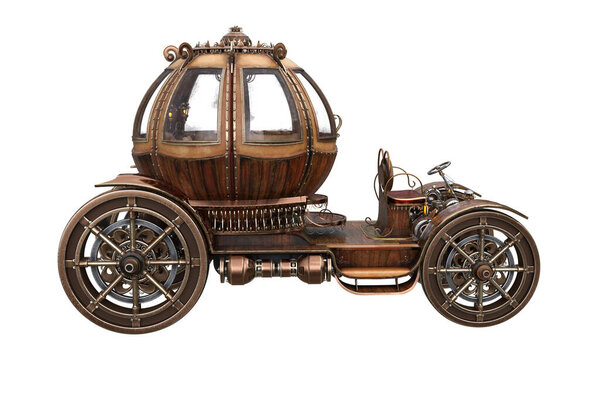 Steampunk concept motor car with pumpkin shaped carriage. Isolated 3D illustration.